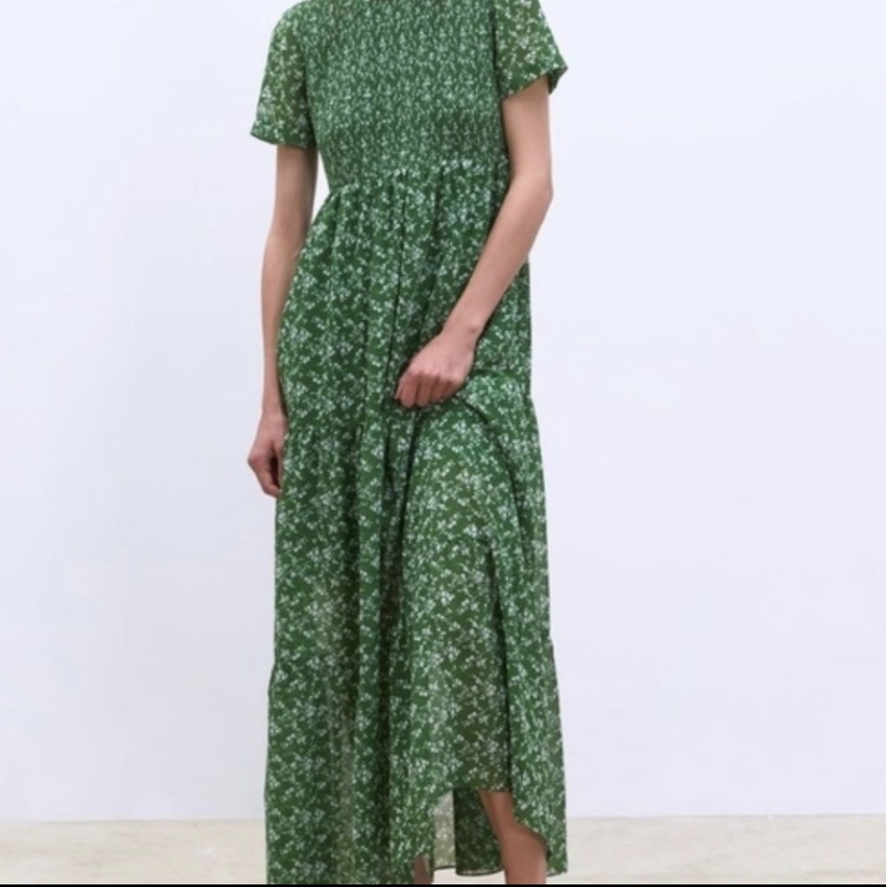 Zara Green Ditsy Floral Smocked Maxi Dress